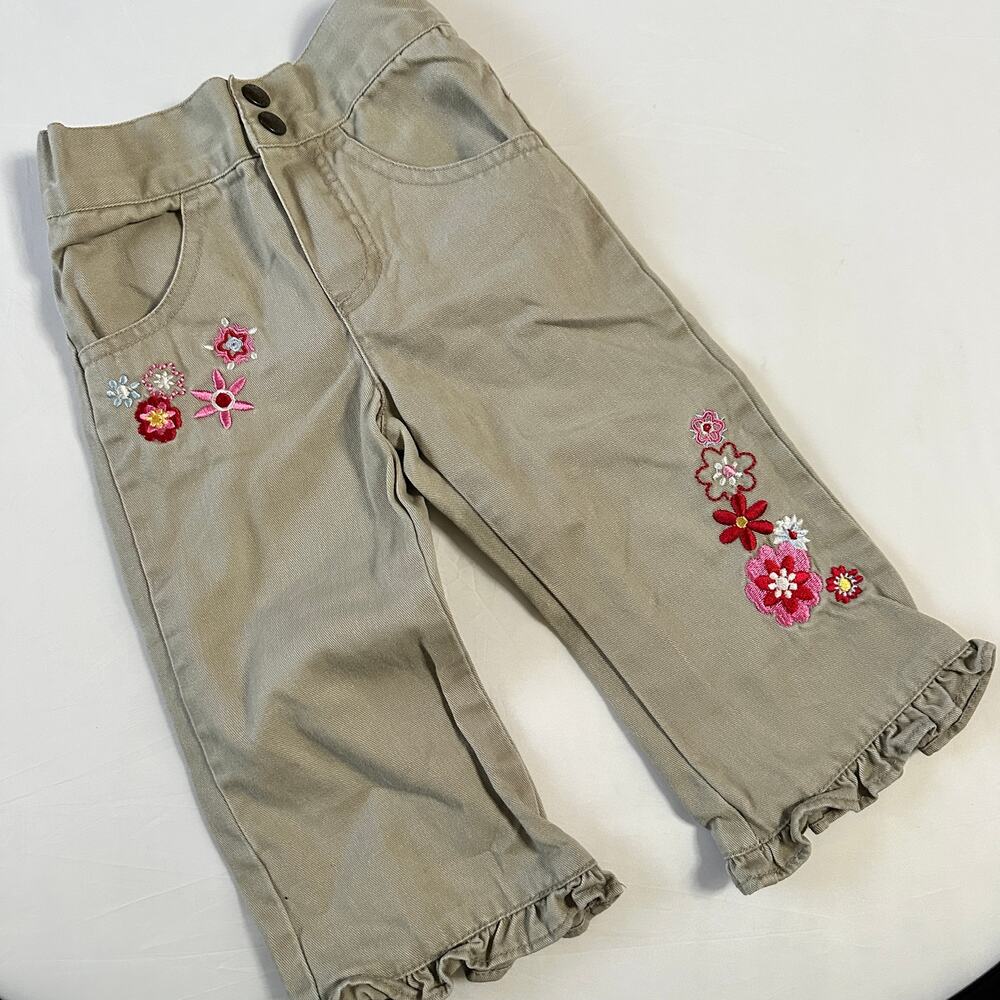 Vintage Faded Glory Khaki Floral Embroidered Ruffle Hem Pants Sz 18 Mo